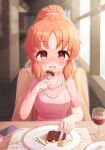  1girl abe_nana alcohol blush breasts commentary_request cup dated dress drinking_glass eating food fork hair_tie highres holding holding_fork idolmaster idolmaster_cinderella_girls j2l jewelry large_breasts looking_at_viewer medium_hair necklace open_mouth own_hands_clasped own_hands_together paid_reward_available parted_bangs pearl_necklace ponytail pov_across_table purple_dress red_eyes short_sleeves sidelocks solo steak wine wine_glass 