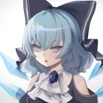  1girl absurdres alternate_costume ascot bare_shoulders blue_bow blue_dress blue_eyes blue_gemstone bow brooch cirno dress eyelashes gem hair_bow high_collar highres jewelry lips no_noru simple_background solo touhou white_background 