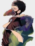  1boy absurdres black_hair black_shirt boku_no_hero_academia chacoma collared_shirt feather-trimmed_jacket feathers green_jacket highres jacket male_focus mask mouth_mask necktie overhaul_(boku_no_hero_academia) plague_doctor_mask purple_feathers shirt short_hair solo very_short_hair white_necktie yellow_eyes 