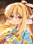  1girl air_(visual_novel) bird blonde_hair blue_eyes blue_kimono chick floral_print flower hair_ribbon haruchimo highres japanese_clothes kamio_misuzu kimono long_hair ponytail ribbon smile sunflower upper_body very_long_hair yukata 