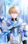  3boys absurdres arm_at_side armor black_shirt blonde_hair blue_eyes blurry blurry_background breastplate buttons clenched_hand closed_mouth commentary_request fur-trimmed_jacket fur_trim gauntlets gepard_landau hair_between_eyes hand_up helm helmet highres holding holding_weapon honkai:_star_rail honkai_(series) jacket light_particles long_sleeves looking_at_viewer male_focus multiple_boys pauldrons shirt short_hair shoulder_armor silvermane_guard_(honkai:_star_rail) single_pauldron smile solo_focus split_mouth standing tassel weapon white_jacket zassyoku_dd 