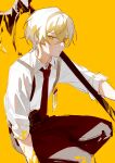  1boy black_necktie black_pants blending blonde_hair closed_mouth collared_shirt fructoseies highres id_card limbus_company long_sleeves looking_at_viewer necktie pants project_moon shirt short_hair sinclair_(limbus_company) sitting solo suspenders white_shirt yellow_blood yellow_eyes yellow_theme 