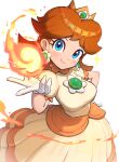  1girl absurdres blue_eyes breasts brown_hair crown dress earrings fire fire_daisy fireball flower_brooch flower_earrings gloves gonzarez highres jewelry large_breasts looking_at_viewer medium_breasts medium_hair orange_dress orange_hair princess_daisy puffy_short_sleeves puffy_sleeves short_sleeves simple_background solo super_mario_bros. white_background white_gloves 