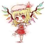  1girl ascot back_bow blonde_hair blush bow flandre_scarlet frilled_shirt_collar frilled_skirt frilled_sleeves frills full_body happy hat hat_ribbon hayate_(pixiv5970090) head_tilt looking_at_viewer medium_hair multicolored_wings open_mouth puffy_short_sleeves puffy_sleeves red_eyes red_ribbon red_skirt red_vest ribbon shirt short_sleeves simple_background skirt solo standing standing_on_one_leg teeth touhou upper_teeth_only vest white_background white_headwear white_shirt wings yellow_ascot 