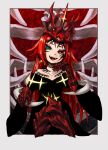  absurdres bare_shoulders black_dress crimson_(ragna_crimson) crown dress earrings fangs gloves green_eyes heterochromia highres jewelry open_mouth ragna_crimson red_eyes redhead smile tengaeru 