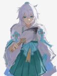  1girl blue_eyes character_request commentary_request green_skirt grey_background hair_between_eyes highres holding honkai_(series) honkai_impact_3rd japanese_clothes kimono long_sleeves looking_at_viewer pleated_skirt simple_background sketch skirt smile solo weeiskaw white_hair white_kimono wide_sleeves 