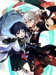  2boys armor black_gloves black_hair blue_eyes crossed_bangs fingerless_gloves genshin_impact gloves grey_hair hair_between_eyes highres japanese_armor japanese_clothes kaedehara_kazuha kote kurokote leaf_print looking_at_viewer male_focus multiple_boys open_mouth oshi_taberu pantyhose parted_lips ponytail red_eyes red_pantyhose scaramouche_(genshin_impact) simple_background tassel vision_(genshin_impact) wanderer_(genshin_impact) 