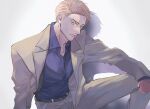  belt black_belt blonde_hair blue_eyes blue_shirt collared_shirt gnb01 grey_pants grey_suit highres jujutsu_kaisen looking_at_viewer male_focus nanami_kento pants shirt short_hair solo suit 