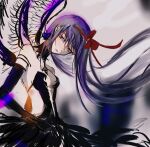  1girl akemi_homura akuma_homura black_wings dress gloves hairband long_hair mahou_shoujo_madoka_magica red_hairband solo violet_eyes wings 