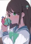 1girl absurdres airi_(blue_archive) black_hair blue_archive bow eating food green_bow green_eyes hair_between_eyes hair_ornament hand_on_own_face hand_up highres holding_ice_cream_cone ice_cream long_hair looking_at_viewer ringosu school_uniform serafuku simple_background white_background white_serafuku 