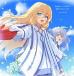  0x0_srnk 1girl 2boys anniversary arm_behind_head arm_up blonde_hair blue_eyes blue_flower blue_jacket blue_sky blue_trim clouds cloudy_sky colette_brunel commentary_request cowboy_shot dated day falling_petals flower genis_sage gloves grey_hair hair_between_eyes highres holding_hands jacket jewelry light_blush lloyd_irving long_hair long_sleeves looking_at_viewer multiple_boys neck_ring necklace open_mouth out_of_frame outdoors outstretched_arms outstretched_hand petals red_gloves robe short_sleeves shorts sky tales_of_(series) tales_of_symphonia teeth upper_teeth_only white_gloves white_robe 