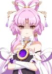  1girl absurdres chinese_commentary crossed_arms earrings flat_chest forehead_jewel frills fu_xuan_(honkai:_star_rail) hair_intakes hair_ornament hair_stick highres honkai:_star_rail honkai_(series) jewelry light_blush long_hair looking_at_viewer numi_(dhsnal0524) off_shoulder parted_lips pink_hair single_earring solo tassel upper_body very_long_hair 