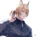  1boy alternate_hairstyle animal_ear_fluff animal_ears arknights arm_up black_ribbon black_shirt blonde_hair collared_shirt dated hair_ribbon horse_boy horse_ears long_sleeves looking_to_the_side male_focus mlynar_(arknights) oisyox72 orange_eyes parted_lips ribbon shirt short_ponytail signature simple_background solo swept_bangs upper_body white_background 