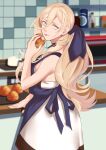  1girl apron blonde_hair blue_apron blue_eyes blue_ribbon bread cowboy_shot dress food hair_between_eyes hair_ribbon highres kantai_collection kitchen lips long_hair looking_at_viewer looking_back mole mole_under_eye mole_under_mouth official_alternate_costume ribbon richelieu_(kancolle) shingyou_(alexander-13) solo white_dress 