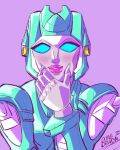  1girl absurdres blue_eyes dumbdelvon glowing glowing_eyes hand_on_own_face helmet highres humanoid_robot looking_at_viewer moonracer pink_lips purple_background robot thick_lips transformers upper_body 