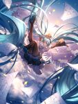  1girl absurdly_long_hair absurdres aqua_eyes aqua_hair black_sleeves blue_sky boots clouds detached_sleeves flying_paper grin hair_ornament hatsune_miku hatsune_miku_happy_16th_birthday_-dear_creators- highres long_hair paper sky smile solo thigh_boots twintails very_long_hair vocaloid yuzuha_wasa 