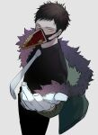  1boy absurdres black_pants boku_no_hero_academia brown_hair chacoma collared_shirt feather-trimmed_jacket feathers gloves green_jacket hand_up highres jacket male_focus mask mouth_mask necktie overhaul_(boku_no_hero_academia) pants plague_doctor_mask purple_feathers shirt short_hair solo very_short_hair white_gloves white_necktie yellow_eyes 