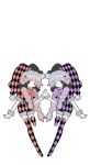  2girls argyle argyle_hat black_bow black_eyes black_footwear black_headwear black_romper boots bow braid closed_mouth cordelia_(usagi_nui) full_body hair_bow hat heterochromia jester_cap long_hair multiple_girls neck_ribbon ophelia_(usagi_nui) original palms_together personification purple_ribbon red_eyes red_ribbon redhead ribbon short_sleeves simple_background thigh_boots transparent_background twin_braids usagi_nui violet_eyes wrist_cuffs 