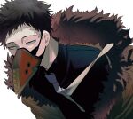  1boy absurdres black_shirt boku_no_hero_academia brown_hair chacoma ear_piercing feather-trimmed_jacket feathers green_jacket highres jacket looking_at_viewer male_focus mask mouth_mask necktie overhaul_(boku_no_hero_academia) piercing plague_doctor_mask purple_feathers shirt short_hair solo very_short_hair white_necktie yellow_eyes 