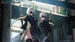  1boy 1girl 2b_(nier:automata) 9s_(nier:automata) absurdres black_blindfold black_dress black_gloves black_hairband black_thighhighs blindfold boots breasts choker clothing_cutout dress gloves goddess_of_victory:_nikke hairband highres juliet_sleeves long_sleeves medium_breasts mole mole_under_mouth nier:automata nier_(series) official_art puffy_sleeves short_hair shorts thigh-highs white_hair wide_shot 