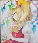  1girl ascot blonde_hair colored_pencil_(medium) commentary_request crystal dated fang fang_out finger_to_mouth flandre_scarlet frilled_shirt_collar frills gunjou_row hat hat_ribbon index_finger_raised looking_ahead mob_cap multicolored_wings nail_polish profile puffy_short_sleeves puffy_sleeves red_eyes red_nails red_ribbon red_vest ribbon shikishi short_sleeves signature simple_background sleeve_ribbon solo touhou traditional_media upper_body vest white_background white_ribbon wings 