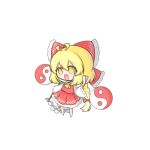  1other ahoge ascot blonde_hair bow braid commentary cosplay full_body gohei hair_bow hakurei_reimu hakurei_reimu_(cosplay) highres len&#039;en looking_at_viewer ofuda ooama_no_ake_no_mitori open_mouth orb red_bow red_shirt red_skirt ribbon-trimmed_sleeves ribbon_trim shide shirt short_hair side_braid simple_background single_braid skirt solo white_background xunchuan0521 yellow_ascot yellow_eyes yin_yang yin_yang_orb 