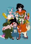  1girl 2boys animal aqua_eyes aqua_hair belt black_eyes black_footwear blue_footwear blush_stickers boots breasts bright_pupils bulma chinese_clothes clothes_writing collarbone dot_nose dougi dragon_ball dragon_ball_(classic) dragon_radar fanny_pack fingernails full_body gloves green_pants hair_between_eyes hair_bobbles hair_ornament hand_in_pocket hand_on_own_ear hand_on_weapon hand_up hat highres holding holding_weapon katana kodama_(marugoto_omikan) leaning_to_the_side light_blue_background long_hair looking_afar loose_socks medium_breasts medium_hair messy_hair military military_hat military_jacket military_uniform multiple_boys muscular muscular_male neckerchief nyoibo one_side_up oolong orange_neckerchief orange_pants pants parted_lips pink_footwear puar purple_socks purple_wristband red_wristband shading_eyes sheath sheathed shoes side-by-side simple_background sneakers socks son_goku spiky_hair straight_hair strapless sword tareme tassel tube_top uniform weapon white_pupils wide-eyed wristband yamcha yellow_gloves 