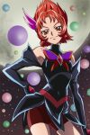 1girl armpits bike_shorts black_dress black_skirt butterfly_brooch closed_mouth crystal dark_cure_(yes!_precure_5) dark_rouge detached_sleeves dress earrings evil_smile full_moon hair_ornament hand_on_own_hip haruyama_kazunori jewelry looking_at_viewer moon orb precure red_eyes red_hair red_shorts short_hair shorts shorts_under_skirt skirt smile smug solo space star_(sky) star_(symbol) star_earrings yes!_precure_5
