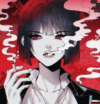  1girl 3cnfw black_coat black_hair bob_cut cigarette coat collared_shirt fingernails highres holding holding_cigarette limbus_company looking_to_the_side open_mouth portrait project_moon red_background ryoshu_(limbus_company) shirt smoke smoking solo white_shirt 