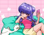  1girl animal bird blush breasts cellphone closed_eyes double_bun flower hair_bun holding holding_phone looking_at_another mousse_(duck)_(ranma_1/2) phone pink_background purple_hair ranma_1/2 shampoo_(ranma_1/2) sitting violet_eyes wanta_(futoshi) 