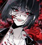 1girl 3cnfw abstract_background black_coat black_hair blood blood_on_clothes blood_on_face bob_cut coat coat_on_shoulders collared_shirt highres limbus_company looking_at_viewer open_mouth portrait project_moon red_background red_eyes ryoshu_(limbus_company) shirt short_hair solo white_shirt 