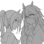  +_+ 2girls animal_ears blue_eyes bow bowtie dream_journey_(racehorse) ear_bow genderswap genderswap_(mtf) greyscale headgear hood hoodie horse_ears horse_girl lineart long_hair looking_at_viewer mask monochrome mouth_mask multiple_girls orfevre_(umamusume) original personification ponytail reins sailor_collar sailor_shirt shirt shuanghu-miku siblings sisters spot_color translated umamusume violet_eyes winter_uniform 