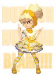 1girl bitch_pudding blonde_hair bow censored censored_gesture colored_text commission cupcake dress earrings food footwear_bow freckles full_body green_eyes hands_up hat highres jewelry long_hair looking_to_the_side middle_finger open_mouth pants polka_dot polka_dot_dress ponytail ribbon robot_chicken shoes short_dress short_sleeves signature single_earring standing striped striped_pants teeth tovio_rogers yellow_bow yellow_dress yellow_footwear yellow_headwear yellow_ribbon 