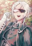  1girl absurdres cloak closed_eyes elf endroll00 gloves green_cloak highres jacket laughing mushoku_tensei pointy_ears short_hair solo sunglasses sylphiette_(mushoku_tensei) white_gloves white_hair white_jacket 