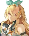  1girl bare_shoulders blonde_hair bow butterfly_hair_ornament closed_mouth frown hair_between_eyes hair_bow hair_ornament highres long_hair looking_at_viewer nijisanji nijisanji_en pointy_ears pomu_rainpuff pomu_rainpuff_(1st_costume) red_eyes simple_background skippy47 sleeveless solo upper_body virtual_youtuber white_background 