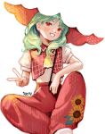  1girl adapted_costume artist_name ascot feet_out_of_frame floral_print frilled_ascot frills green_hair head_tilt highres holding holding_umbrella k0nfette kazami_yuuka looking_at_viewer medium_hair open_mouth pants print_pants puffy_short_sleeves puffy_sleeves red_eyes red_pants red_vest shirt short_sleeves simple_background smile solo sunflower_print teeth touhou umbrella v vest white_background white_shirt yellow_ascot 