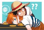  1boy 1girl ? ?? black_eyes black_hair blue_eyes blush_stickers border closed_mouth commentary_request hat heads_together monkey_d._luffy mugicha_(zoro1132) nami_(one_piece) one_piece one_piece_(live_action) orange_hair orange_skirt outside_border safe_(container) scar scar_on_cheek scar_on_face shirt short_hair short_sleeves single_sidelock skirt speech_bubble spoken_squiggle squiggle straw_hat white_border white_shirt yellow_headwear 