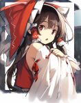  1girl asakura_maru bare_shoulders bow brown_eyes brown_hair detached_sleeves hair_between_eyes hair_bow hair_tubes hakurei_reimu highres japanese_clothes long_hair nontraditional_miko open_mouth red_bow ribbon-trimmed_sleeves ribbon_trim sidelocks solo touhou upper_body white_sleeves wide_sleeves 