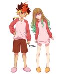  1boy 1girl blonde_hair brother_and_sister brown_hair glasses gradient_hair green_hair multicolored_hair ochi_marco ohdo_yuamu ohdo_yuhi pajamas redhead shorts siblings simple_background slippers twins twitter_username violet_eyes white_background yu-gi-oh! yu-gi-oh!_go_rush!! 