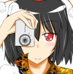  blush camera close-up hat highres katagiri_jin looking_at_viewer red_eyes shameimaru_aya smile solo tokin_hat touhou 