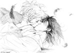  1girl couple feathers ghibli higuchi_yuuri howl howl_no_ugoku_shiro kiss male monochrome sketch sophie traditional_media 
