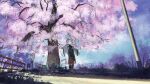  1girl animal_ears boots cherry_blossoms clouds danzir day fence fox_ears highres looking_away looking_up open_mouth outdoors outstretched_arms scenery shadow sign sky solo standing sunlight tail tree virtual_youtuber 
