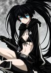  bikini_top black_hair black_rock_shooter black_rock_shooter_(character) blue_eyes boots chain isse midriff navel scar shorts solo sword twintails weapon 