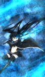  black_hair black_rock_shooter black_rock_shooter_(character) blue_eyes boots coat glowing glowing_eyes highres long_hair midriff navel pale_skin shirogane_usagi shorts solo sword thigh-highs thighhighs twintails very_long_hair weapon 