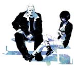  batou boots closed_eyes coat crossed_arms crossed_legs ghost_in_the_shell ghost_in_the_shell_stand_alone_complex jacket kusanagi_motoko shin_guards short_hair simple_background sitting thigh-highs thighhighs 