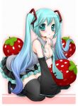  aqua_eyes aqua_hair arurururu blush breasts cleavage detached_sleeves food fruit hatsune_miku headset kneeling long_hair necktie skirt solo strawberry thigh-highs thighhighs twintails very_long_hair vocaloid 