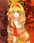  belgium_(hetalia) bent_over blonde_hair breasts cerchio-y finger_to_mouth green_eyes hair_ribbon hairband highres lips military military_uniform necktie ribbon sleeves_rolled_up solo uniform 