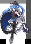  black_legwear black_thighhighs blue_hair cape long_hair mahou_shoujo_lyrical_nanoha mahou_shoujo_lyrical_nanoha_a&#039;s mahou_shoujo_lyrical_nanoha_a&#039;s_portable:_the_battle_of_aces mahou_shoujo_lyrical_nanoha_a's mahou_shoujo_lyrical_nanoha_a's_portable:_the_battle_of_aces material-l open_mouth payot red_eyes skirt thigh-highs thighhighs twintails very_long_hair vulnificus weapon 