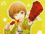  grin jacket meat official_art persona persona_4 satonaka_chie scan smile wink 