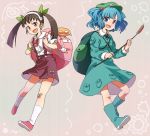  bag bakemonogatari blue_eyes blue_hair crossover food_themed_clothes hachikuji_mayoi hair_bobbles hair_ornament hat itsuki_(otsugei) kawashiro_nitori key legs monogatari_(series) otsugei red_eyes short_hair touhou twintails 